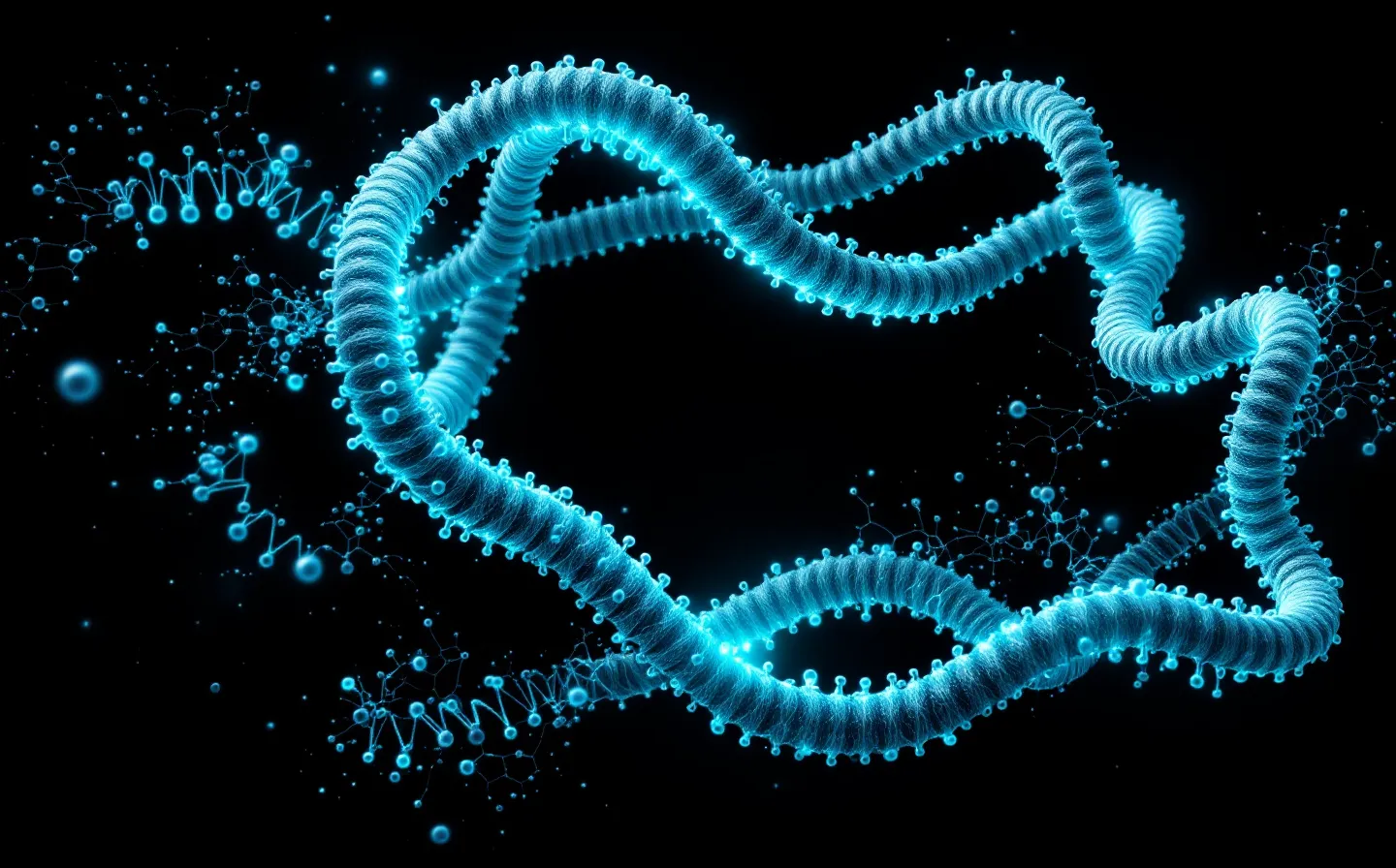 Abstract cyclic peptide ring with a single cyan-highlighted node on a near-black field